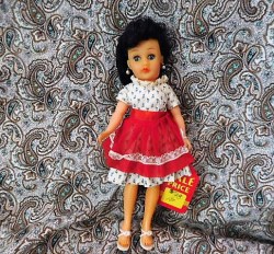 10" BLACK HAIR CIRCLE P FASHION DOLL, PRINT DRESS, UNDIES, WHITE HEELS